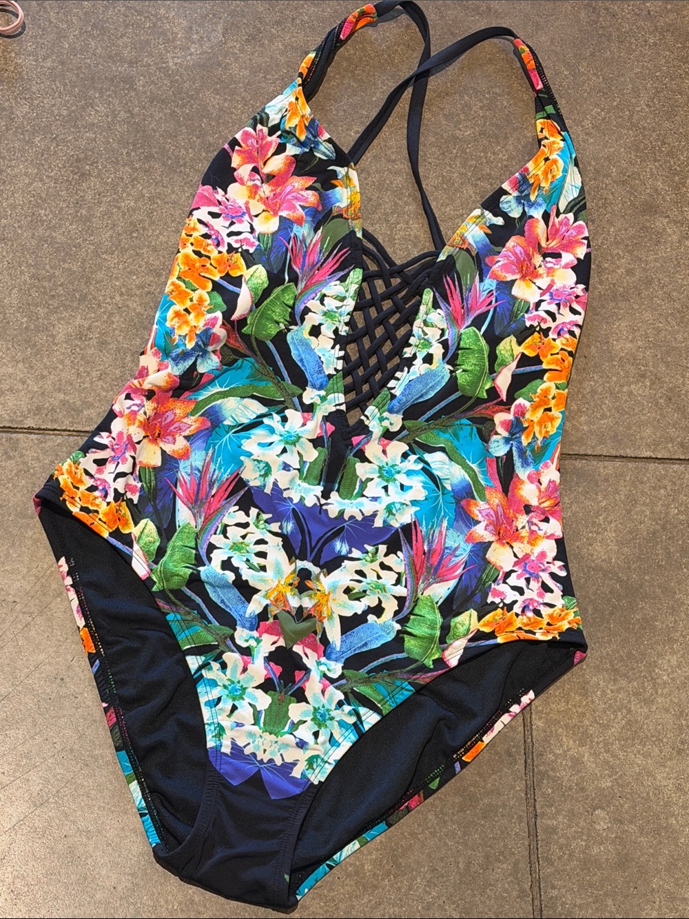 Women’s BLEU Floral Tropical One-Piece Swimsuit Lattice Front - Black Multicolor